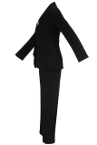 Black Casual Solid Color Patchwork Turn-back Collar Long Sleeve Two Pieces