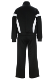 Black Casual Stripe Contrast Turndown Collar Long Sleeve Two Pieces