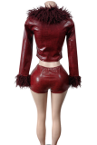 Black Solid Color Fluffy Turndown Collar Long Sleeve Two Pieces
