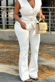 White Casual Solid Color Buckle V Neck Sleeveless Two Pieces