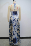 White Blue Elegant Tie Dye Contrast Halter Long Dresses