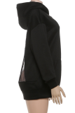 Black Sexy Solid Color Hollow Out Hooded Tops
