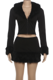 Black Sexy Solid Color Fluffy Turndown Collar Long Sleeve Two Pieces
