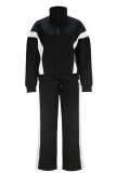 Black Casual Stripe Contrast Turndown Collar Long Sleeve Two Pieces