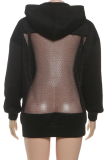 Black Sexy Solid Color Hollow Out Hooded Tops