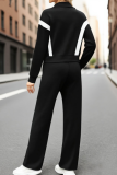 Black Casual Stripe Contrast Turndown Collar Long Sleeve Two Pieces