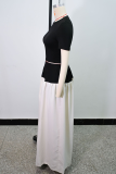 Black Casual Solid Color Contrast O Neck Short Sleeve Two Pieces