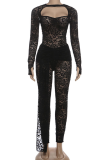 Black Sexy Solid Color Lace Square Neck Long Sleeve Two Pieces