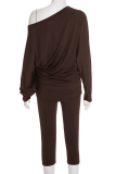 Brown Casual Solid Color Patchwork Oblique Collar Long Sleeve Two Pieces