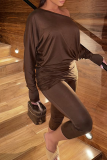 Brown Casual Solid Color Patchwork Oblique Collar Long Sleeve Two Pieces