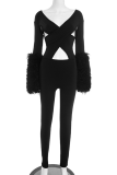 Red Sexy Solid Color Hollow Out V Neck Skinny Jumpsuits