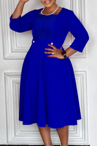 Royal Blue Elegant Solid Color Pleated Square Neck A Line Dresses