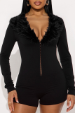 Black Sexy Solid Color Fluffy V Neck Skinny Rompers
