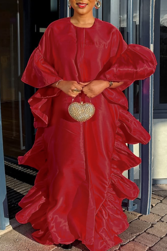 Red Casual Solid Color Flounce O Neck Long Dresses