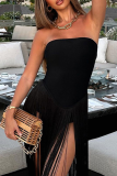 Black Sexy Solid Color Fringed Trim Strapless Skinny Bodysuits