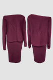 Burgundy Elegant Solid Color Slit Oblique Collar Long Sleeve Two Pieces