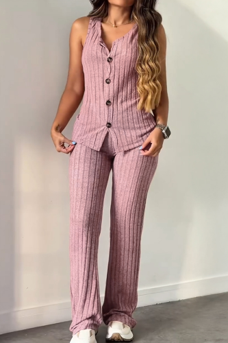 Pink Casual Solid Color Buckle V Neck Sleeveless Two Pieces