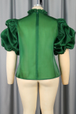 Ink Green Casual Solid Color Stringy Selvedge Mandarin Collar Plus Size Tops