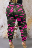Rose Red Casual Camouflage Print Pocket Regular Conventional Full Print Bottoms