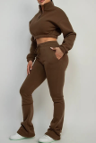 Burgundy Casual Solid Color Zipper Zipper Collar Long Sleeve Two Pieces