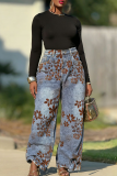 Blue Casual Flowers Contrast Mid Waist Loose Denim Jeans