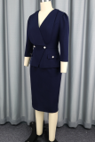 Tibetan Blue Elegant Solid Color Buckle Turndown Collar Wrapped Skirt Dresses
