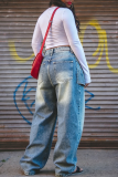 Blue Casual Solid Color Patchwork Loose Denim Jeans