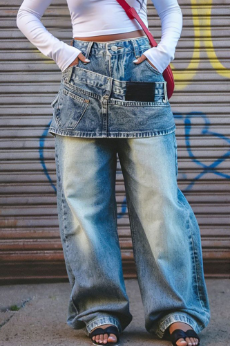 Blue Casual Solid Color Patchwork Loose Denim Jeans