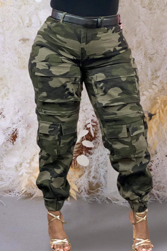 Green Casual Camouflage Print Pocket Regular Conventional Full Print Bottoms