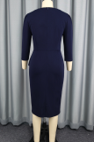 Tibetan Blue Elegant Solid Color Buckle Turndown Collar Wrapped Skirt Dresses