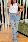 Light Blue Casual Solid Color Ripped Straight Denim Jeans