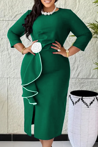 Green Elegant Solid Color Flounce O Neck Long Dresses
