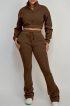 Brown Casual Solid Color Zipper Zipper Collar Long Sleeve Two Pieces