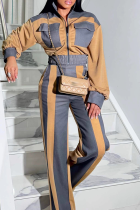 Brown Casual Solid Color Contrast Zipper Collar Long Sleeve Two Pieces
