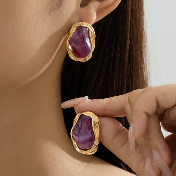 Purple Irregular Metal Frame Earrings Retro Luxury Fashion Jewelry