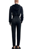 Black Casual Solid Color Patchwork Hooded Long Sleeve Two Pieces