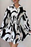 White Casual Print Buckle Turndown Collar Shirt Dresses