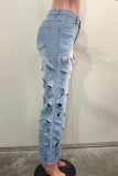 Light Blue Casual Solid Color Ripped Straight Denim Jeans
