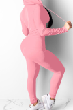 Pink Casual Solid Color Zipper Hooded Long Sleeve Two Pieces
