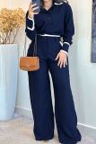 Gray Blue Casual Solid Color Contrast Shirt Collar Long Sleeve Two Pieces