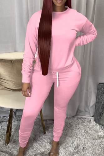 Pink Casual Solid Color Draw String O Neck Long Sleeve Two Pieces