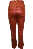 Brown Red Casual Solid Color Patchwork Regular Conventional Patchwork Bottoms