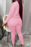 Pink Casual Solid Color Draw String O Neck Long Sleeve Two Pieces