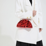 Pink Shiny Ruched Fan Bag Chain-Strap Crossbody Clutch Purse