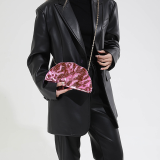 Pink Shiny Ruched Fan Bag Chain-Strap Crossbody Clutch Purse
