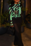 Green Casual Stripe Contrast O Neck Tops