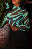 Green Casual Stripe Contrast O Neck Tops