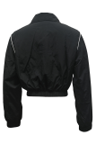 Black Casual Solid Color Zipper Turndown Collar Outerwear