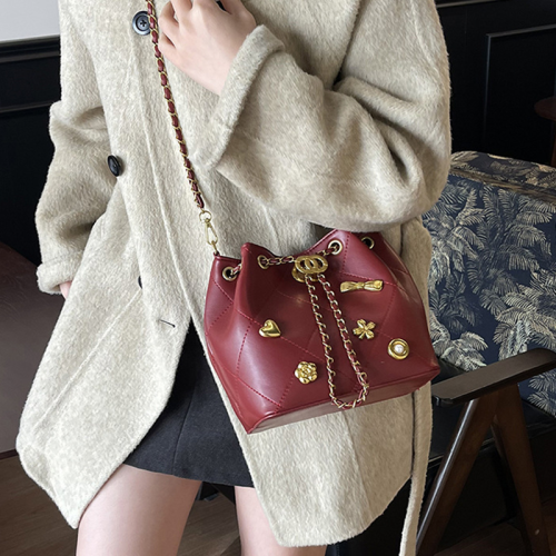 Red Quilted Embellished Bucket Bag Drawstring Chain Crossbody