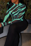 Green Casual Stripe Contrast O Neck Tops